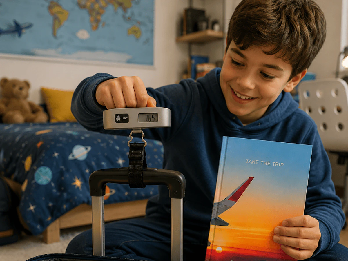 Child holding Take the Trip book and measuring their suitcase with scale in their room