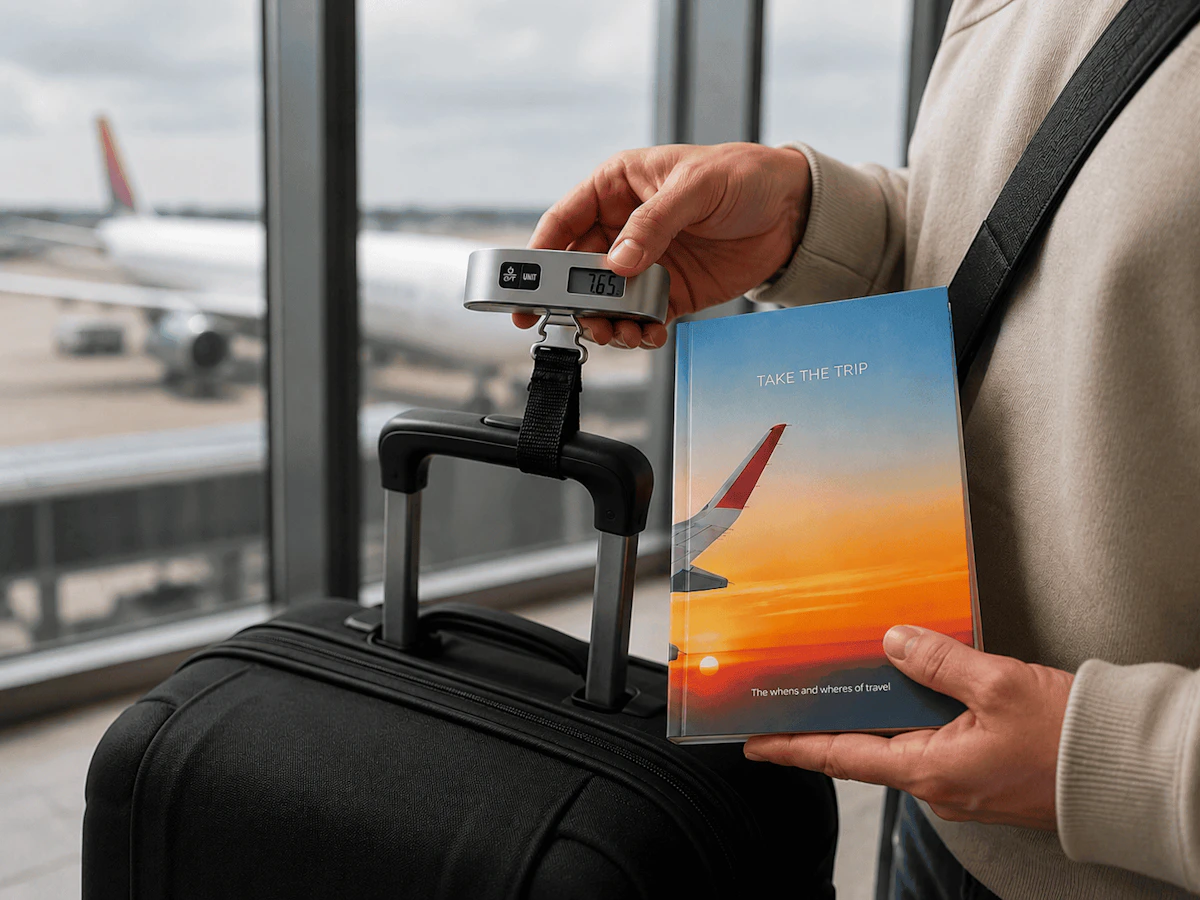 Person in an airport holding Take the Trip book and the luggage scale which is measuring a black suitcase