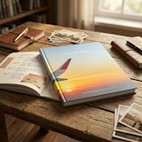Take The Trip book with other journals and pictures on desk