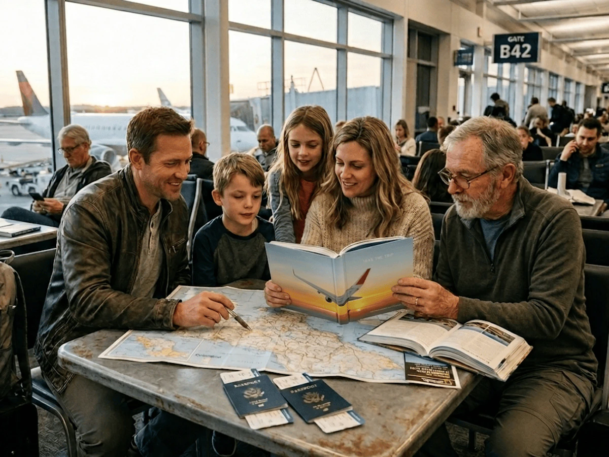 Family with parents, children, grandfather at airport with map on table reading from Take the Trip book