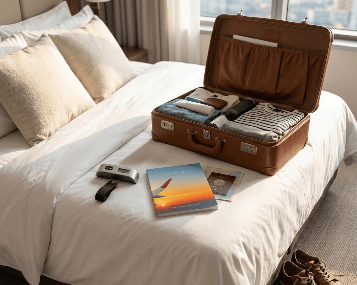 Take the Trip book, luggage scale, and open brown suitcase on a bed