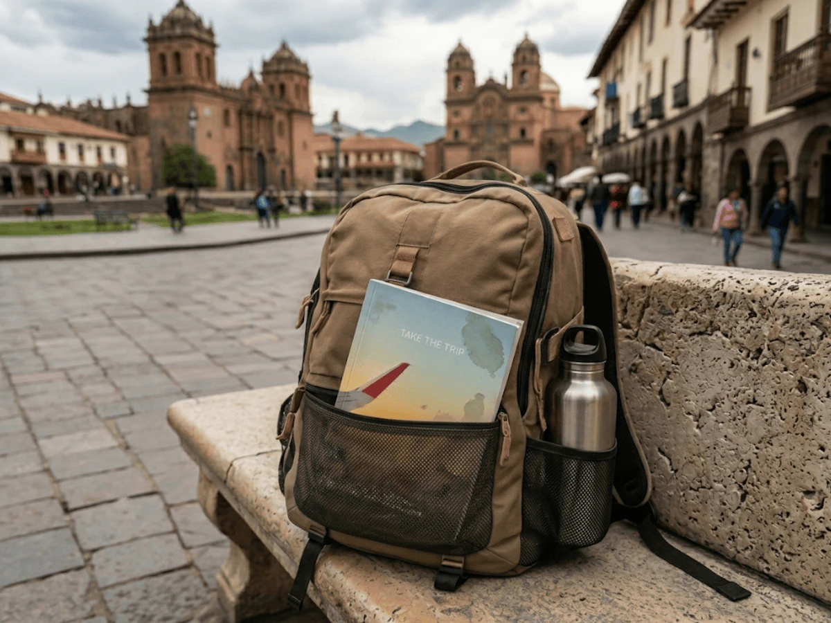 Take the Trip book with water stains in a backpack sitting on a bench in a old European-looking town