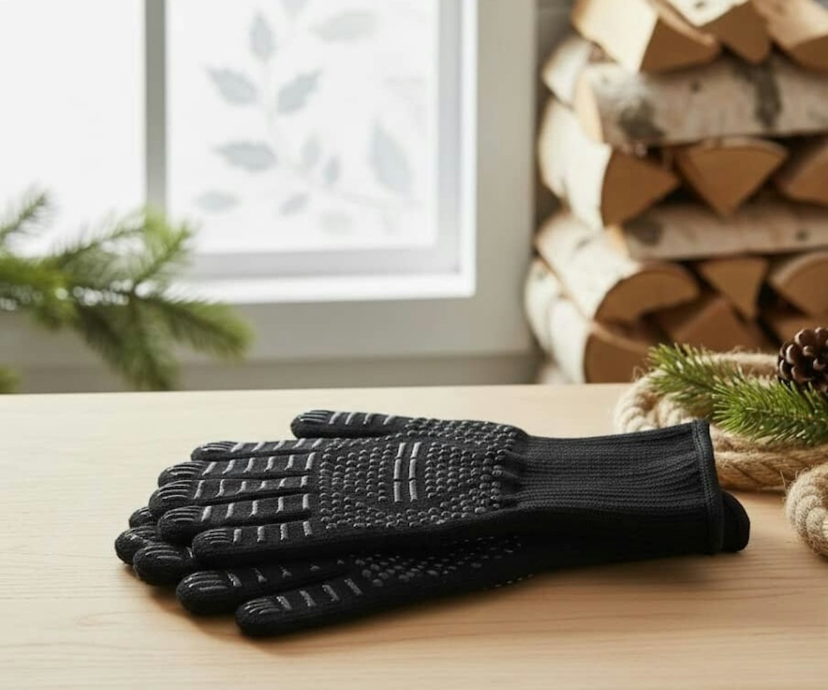 Heat resistant gloves in kitchen beside white crockpot