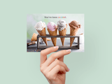 Vanilla, strawberry, chocolate chip, and chocolate ice cream cones in a holder, with message 'You've been served.'