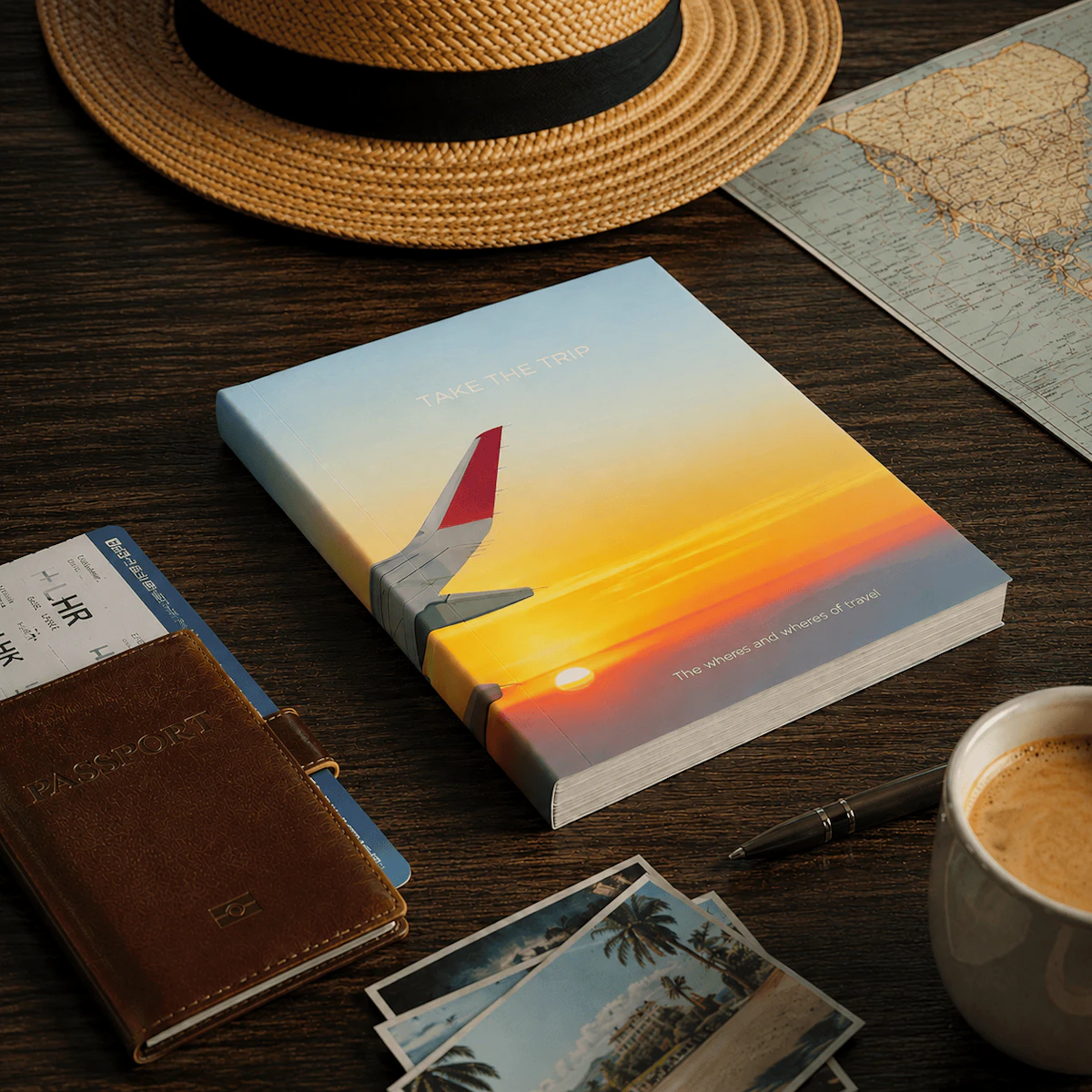 Take the Trip book on table with passports, pictures, and edge of map and Panama hat
