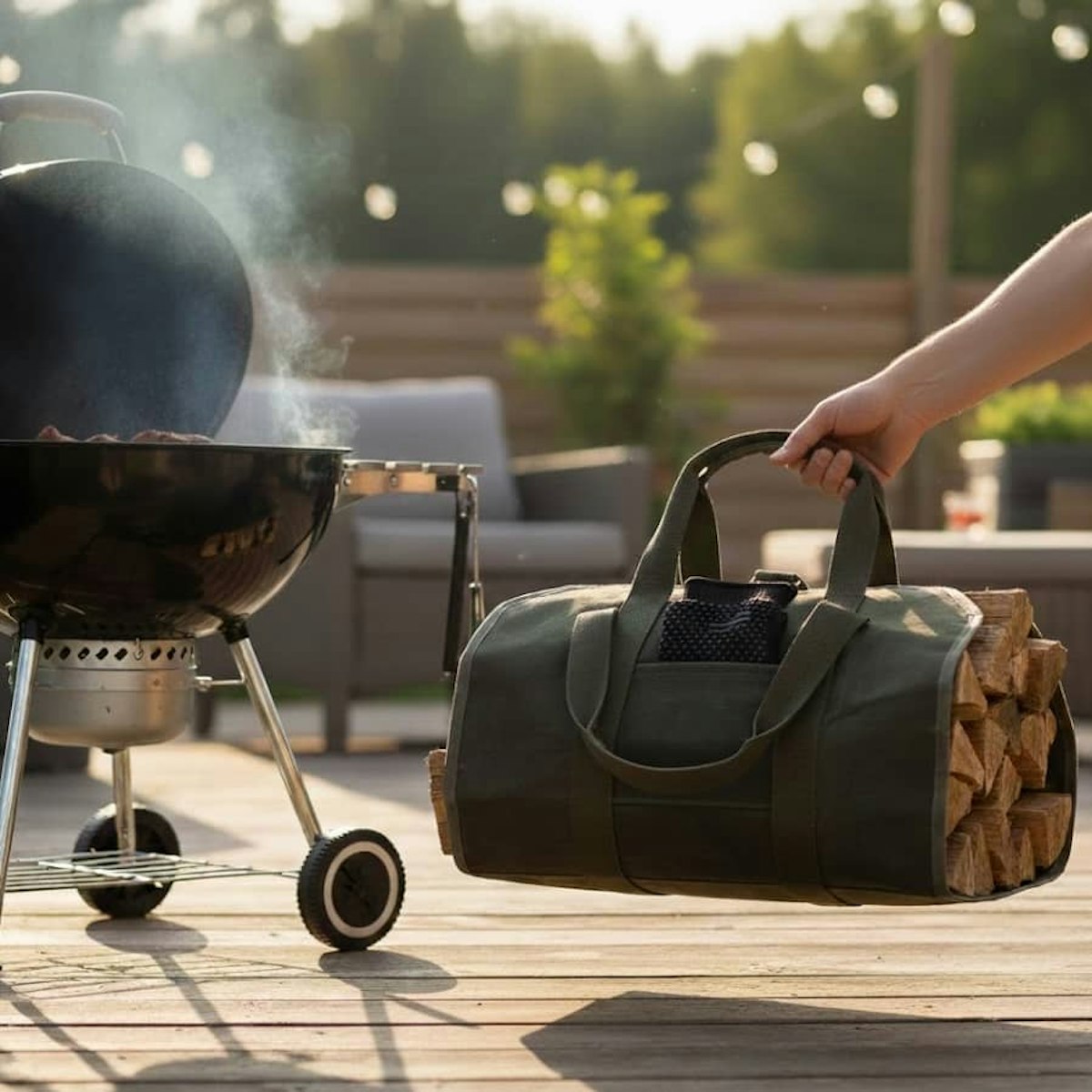 Heat resistant gloves beside handled firewood bag full of wood with wood stacked in background.
